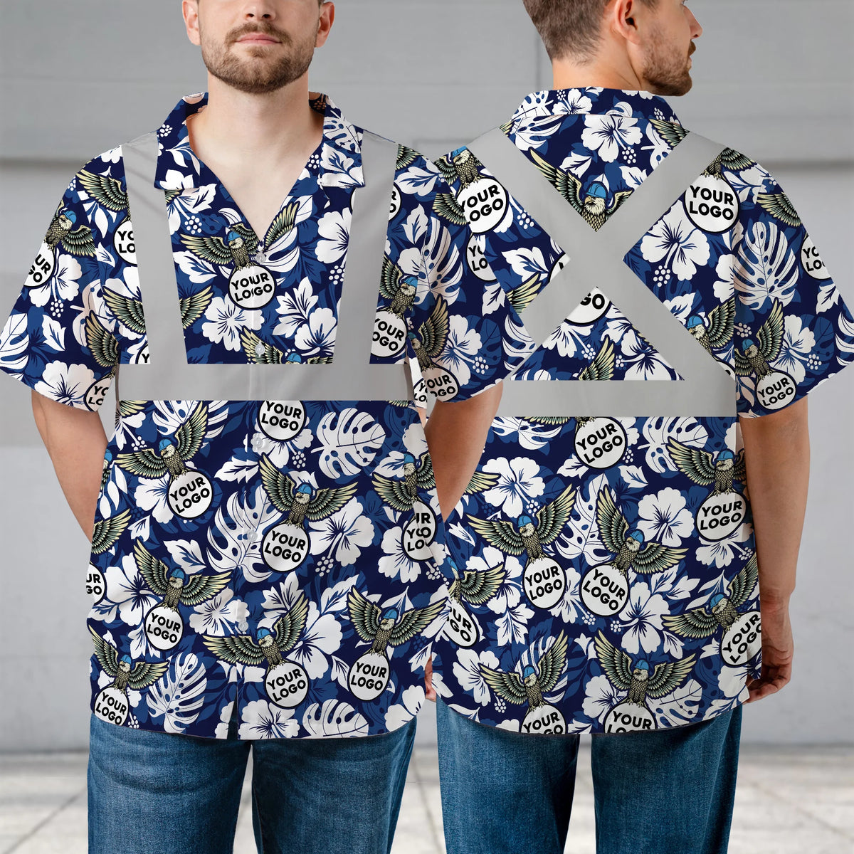 Custom Logo Eagle Floral HiVis Hawaiian Shirt Gift for Men - HQLOL