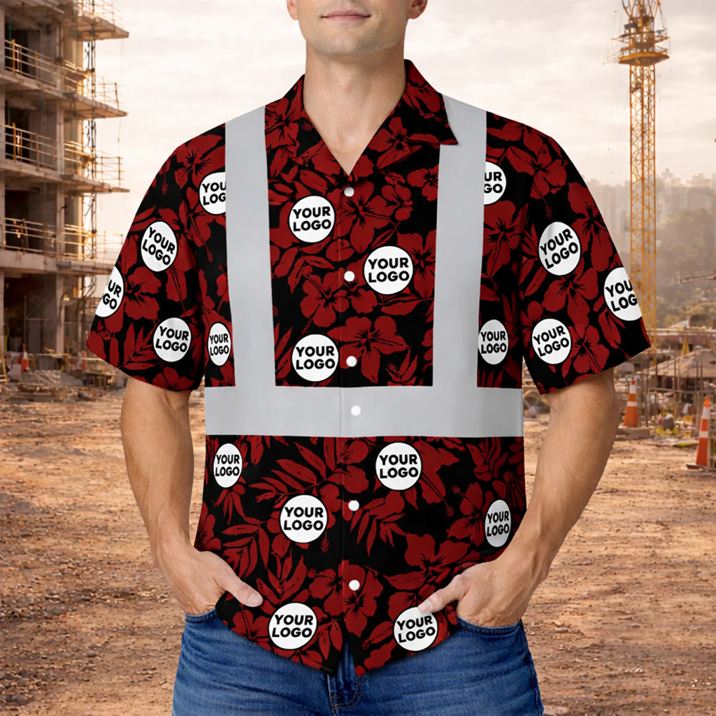 Personalized Logo Red Floral Hi Vis Hawaiian Shirt Gift for Construction Workers - HQLOL