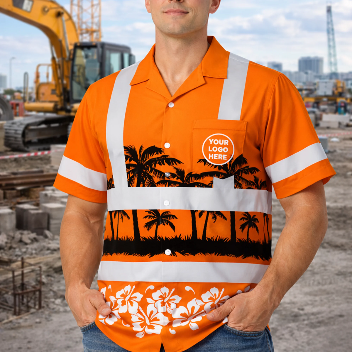 Personalized Logo Palm Tree Hi Vis Hawaiian Shirt Gift for Workers - HQLOL