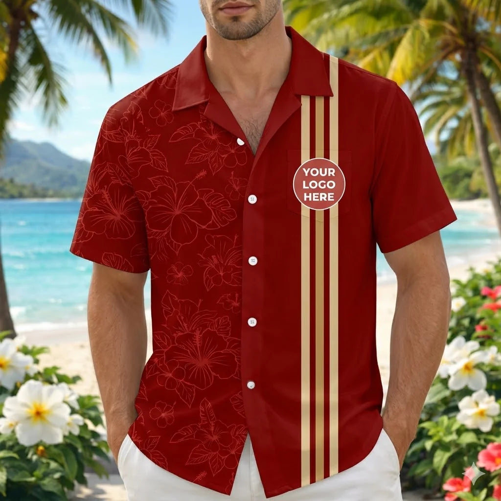 Custom Logo Hibiscus Retro Vertical Stripe Hivis Hawaiian Shirt Gift For Company - HQLOL