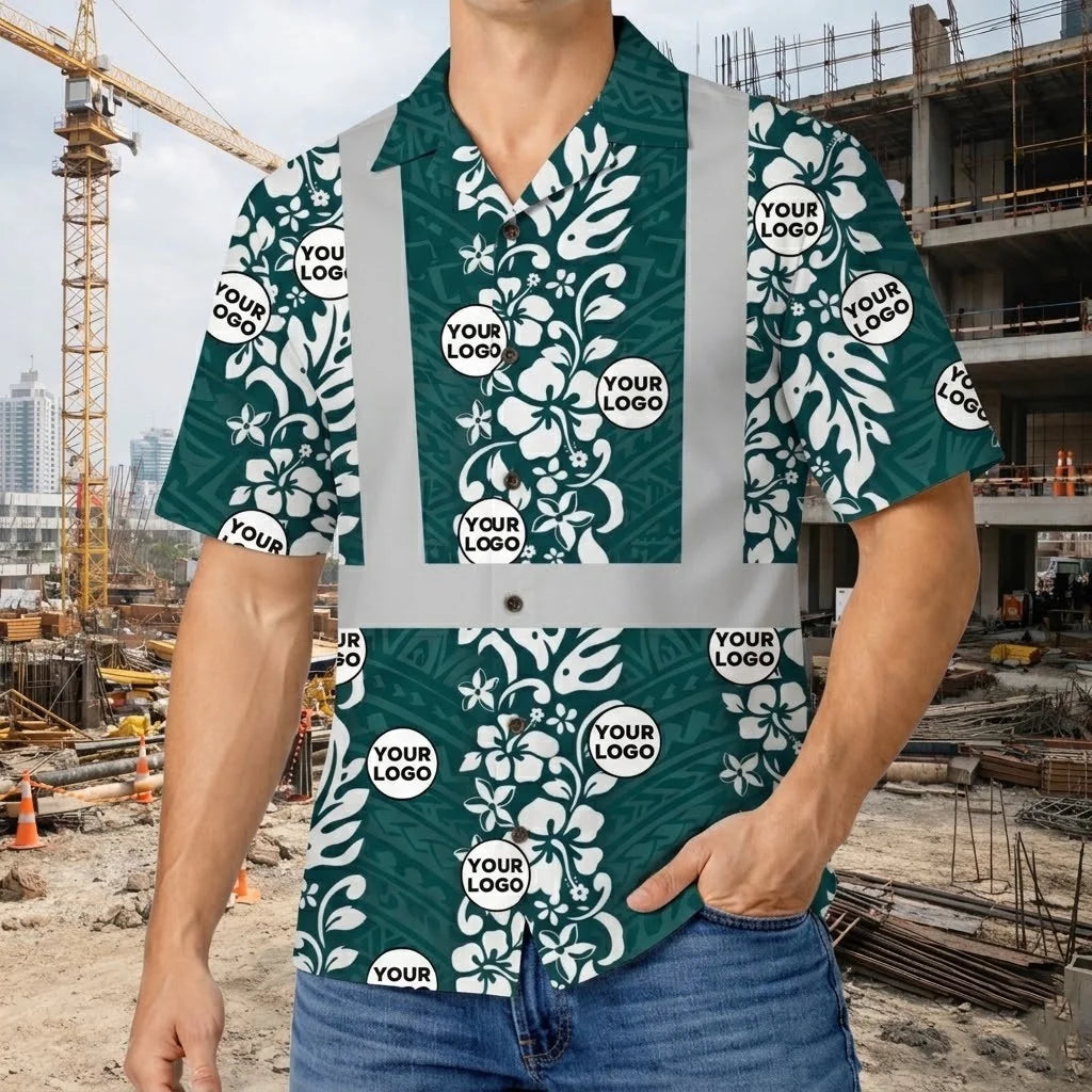 Custom Logo Polynesian Teal Hi Vis Hawaiian Shirt Gift For Coworker - HQLOL