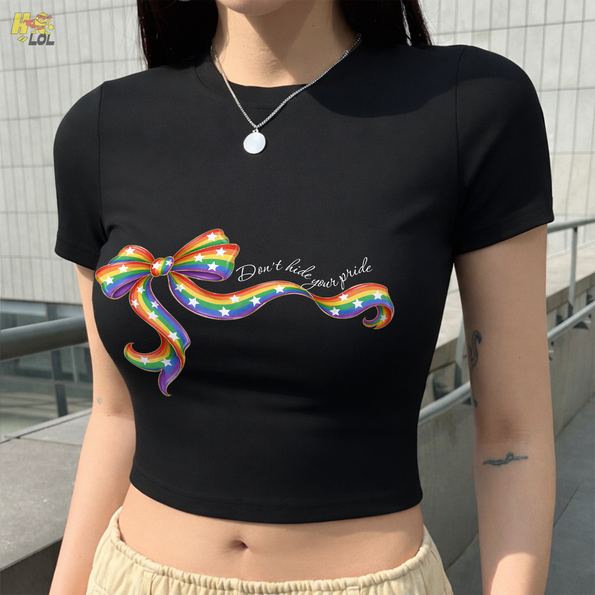 Rainbow Pride Bow Don't Hide Your Pride Baby Tee Gift for Her - HQLOL