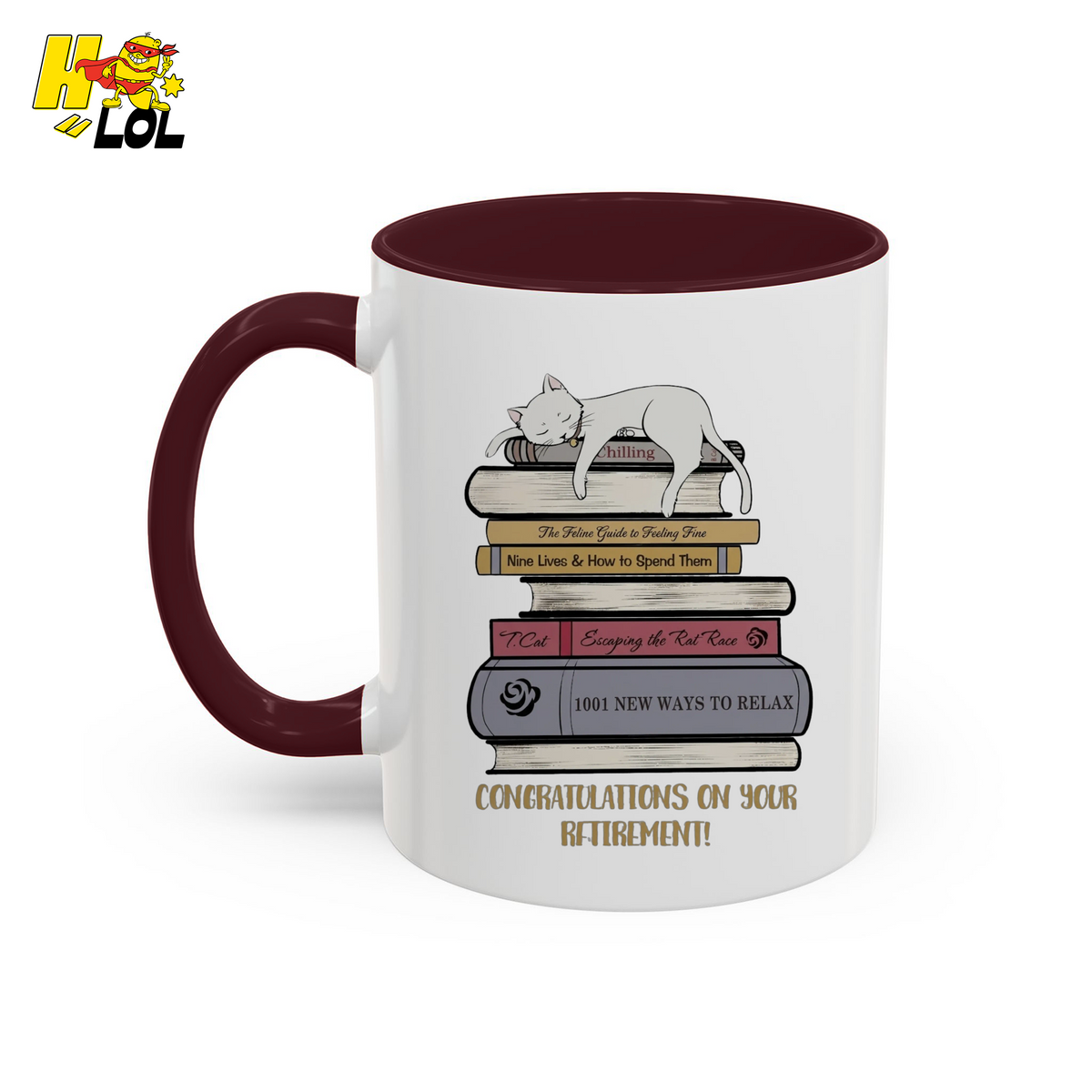 Cat On Books Retirement Mug Gift for Book Lover - HQLOL