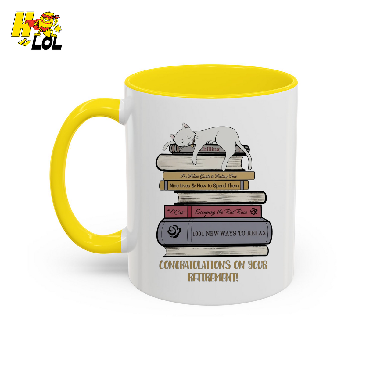 Cat On Books Retirement Mug Gift for Book Lover - HQLOL