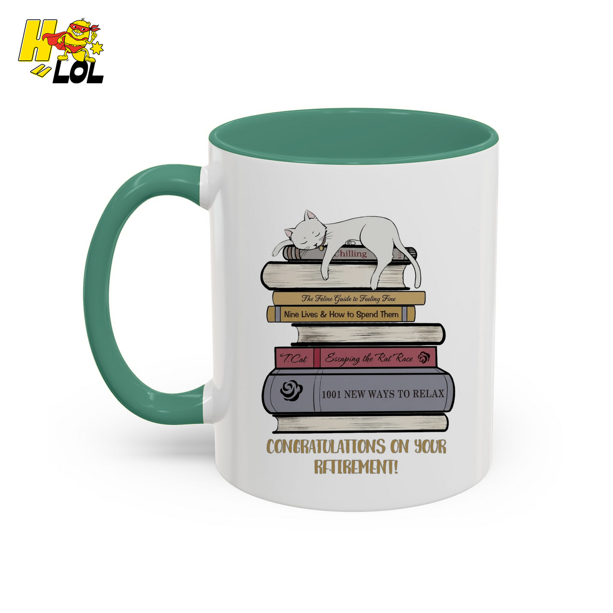 Cat On Books Retirement Mug Gift for Book Lover - HQLOL