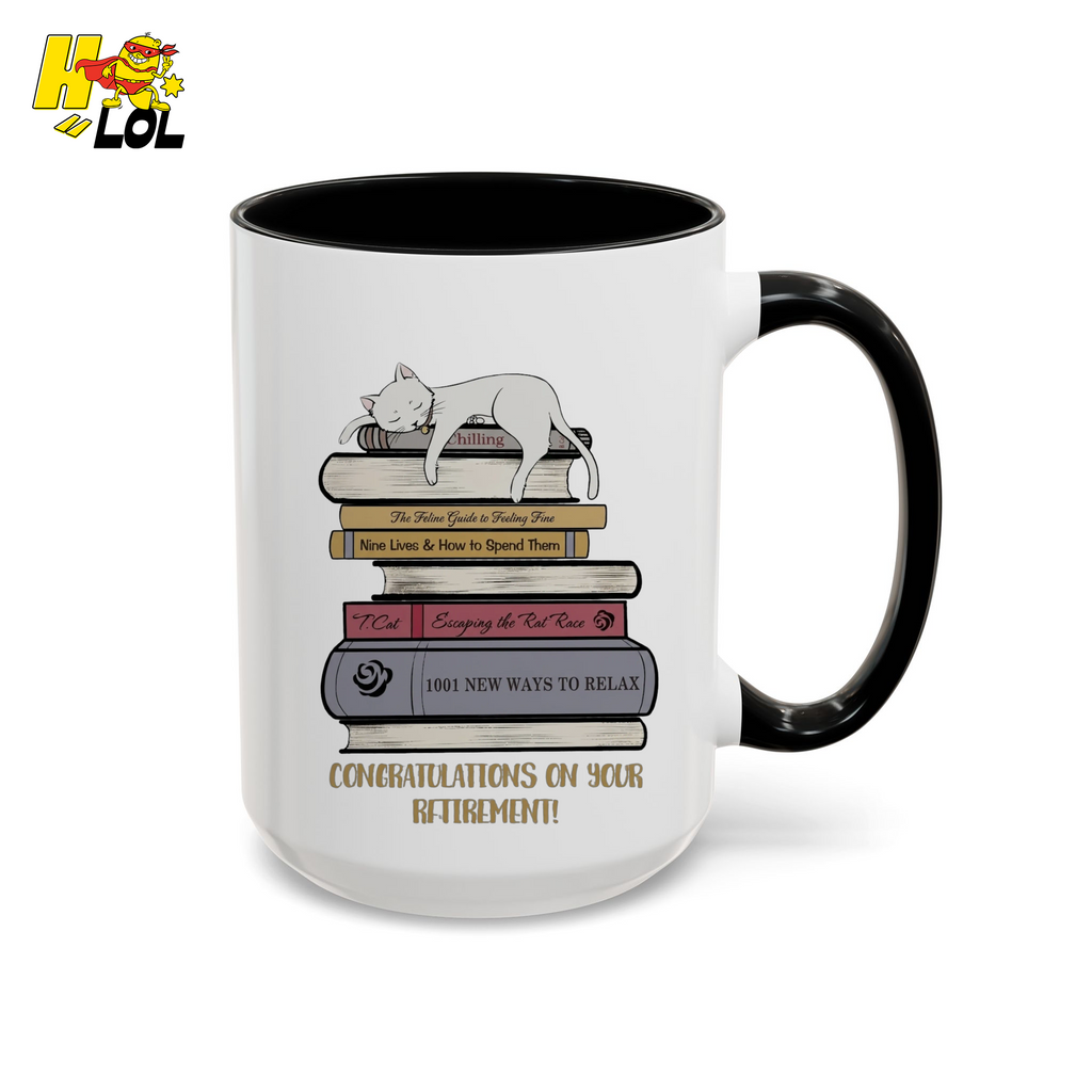 Cat On Books Retirement Mug Gift for Book Lover - HQLOL