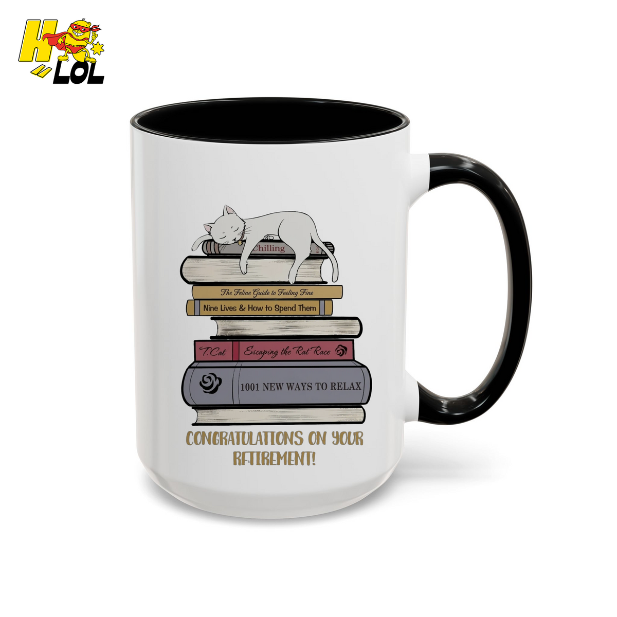 Cat On Books Retirement Mug Gift for Book Lover - HQLOL