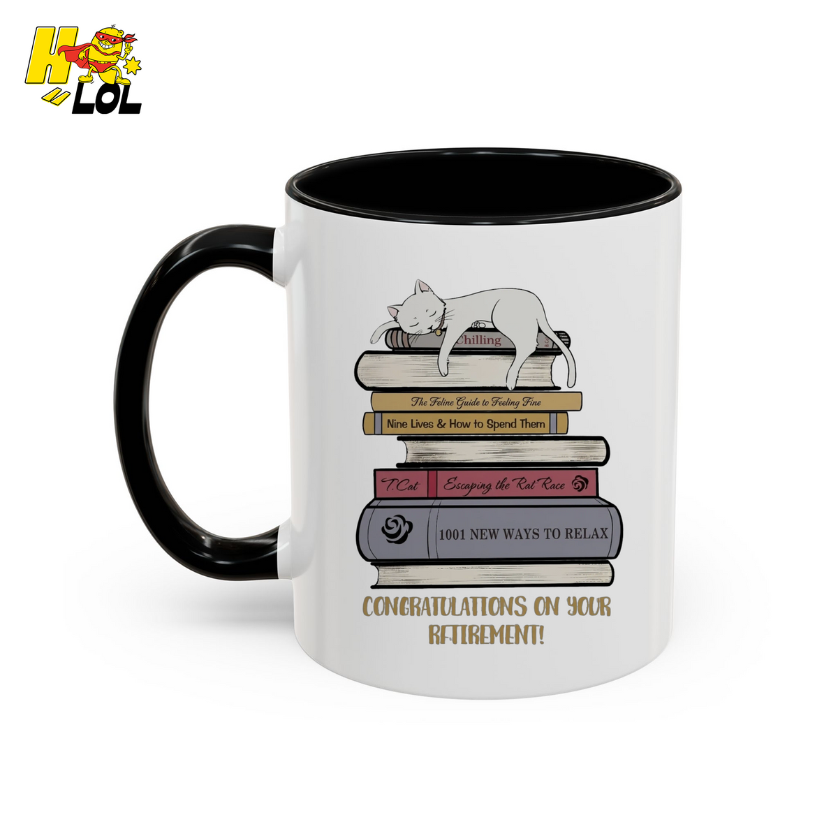 Cat On Books Retirement Mug Gift for Book Lover - HQLOL
