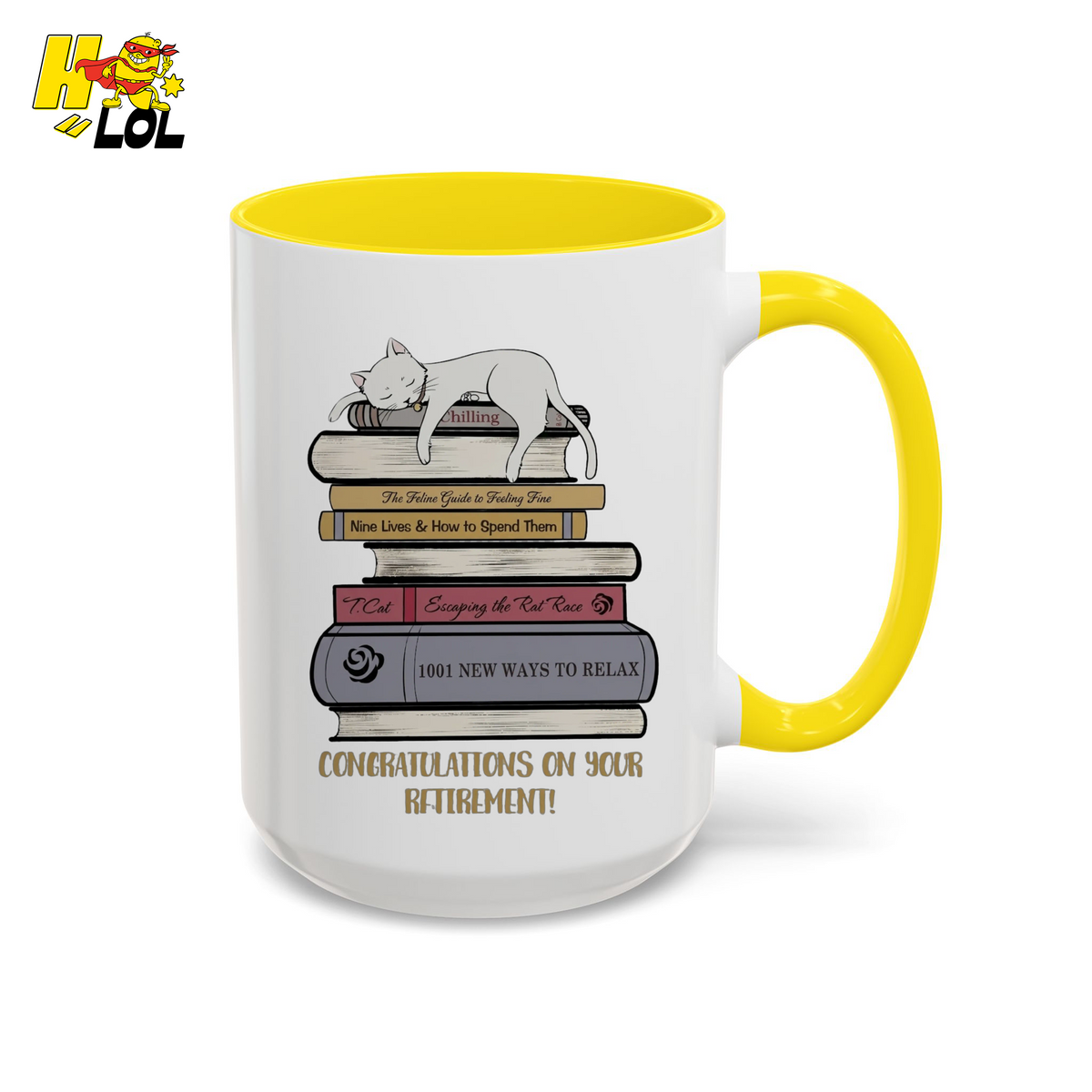 Cat On Books Retirement Mug Gift for Book Lover - HQLOL