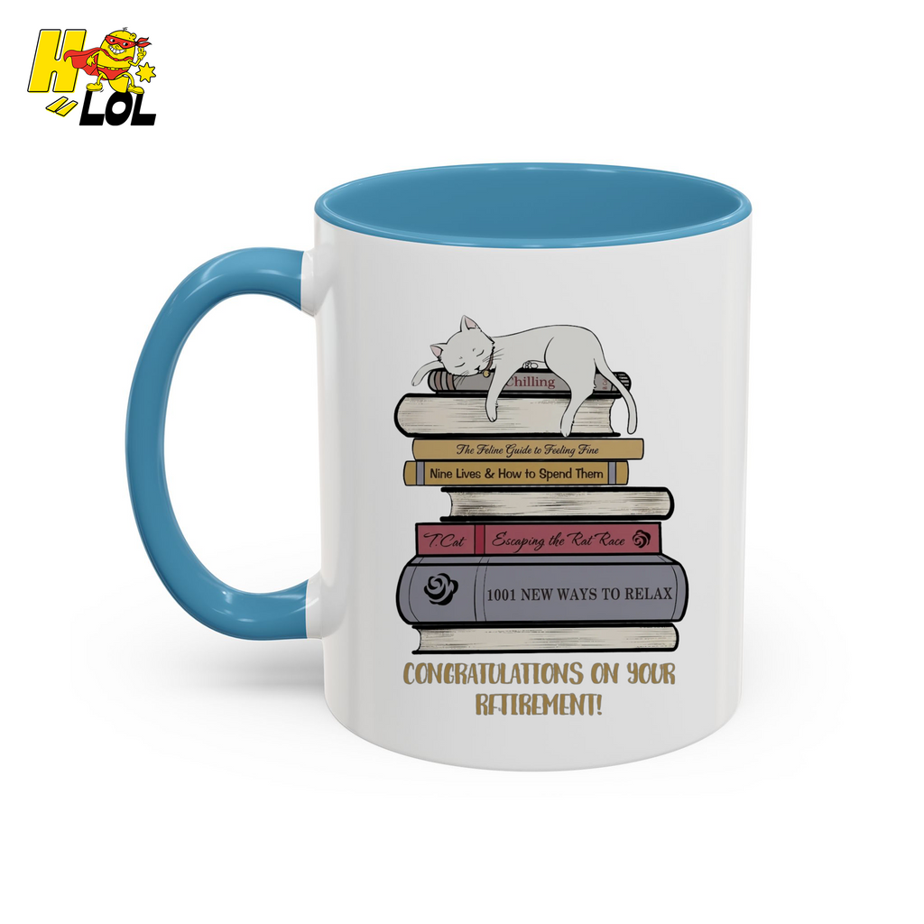 Cat On Books Retirement Mug Gift for Book Lover - HQLOL