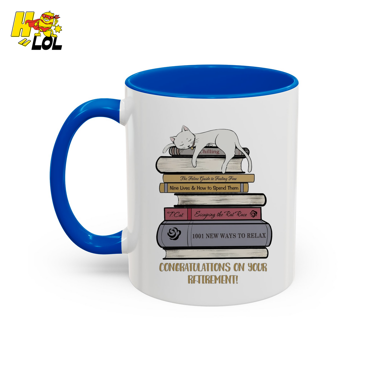 Cat On Books Retirement Mug Gift for Book Lover - HQLOL
