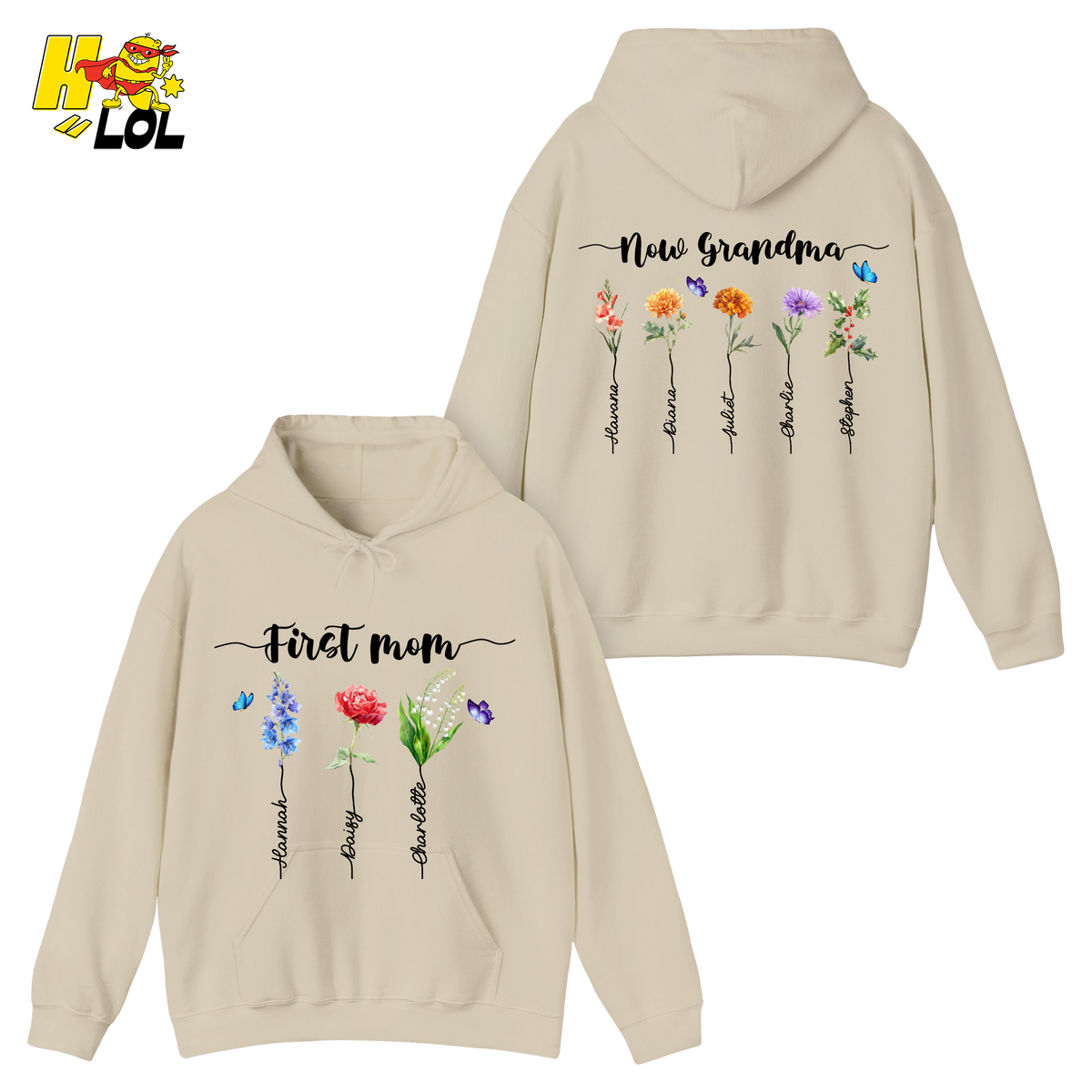 First Mom Now Grandma Floral Design Hoodie Personalized Gift for Mom - HQLOL
