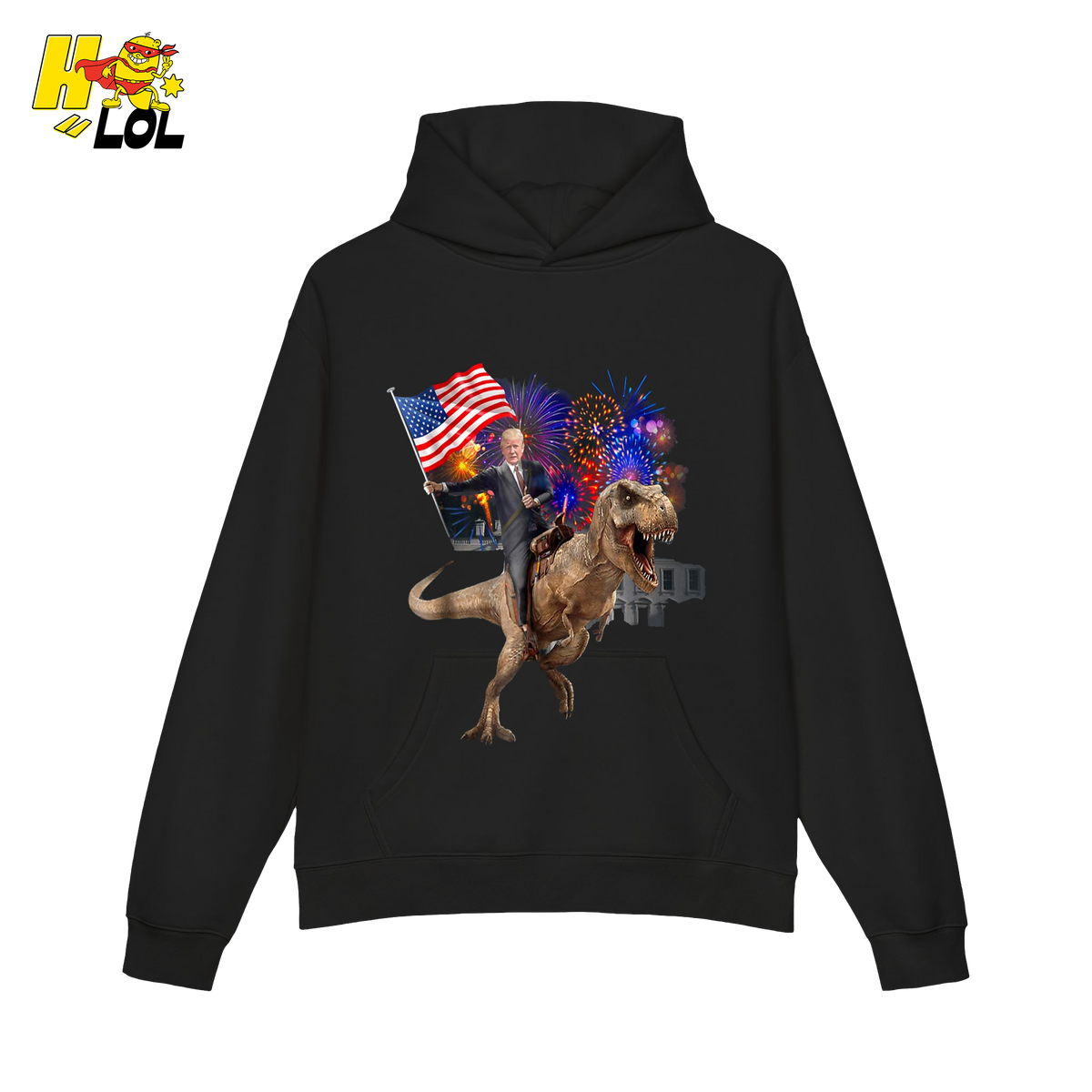 Trump Riding T-Rex American Flag Epic Patriotic Funny Gift Shirt - HQLOL