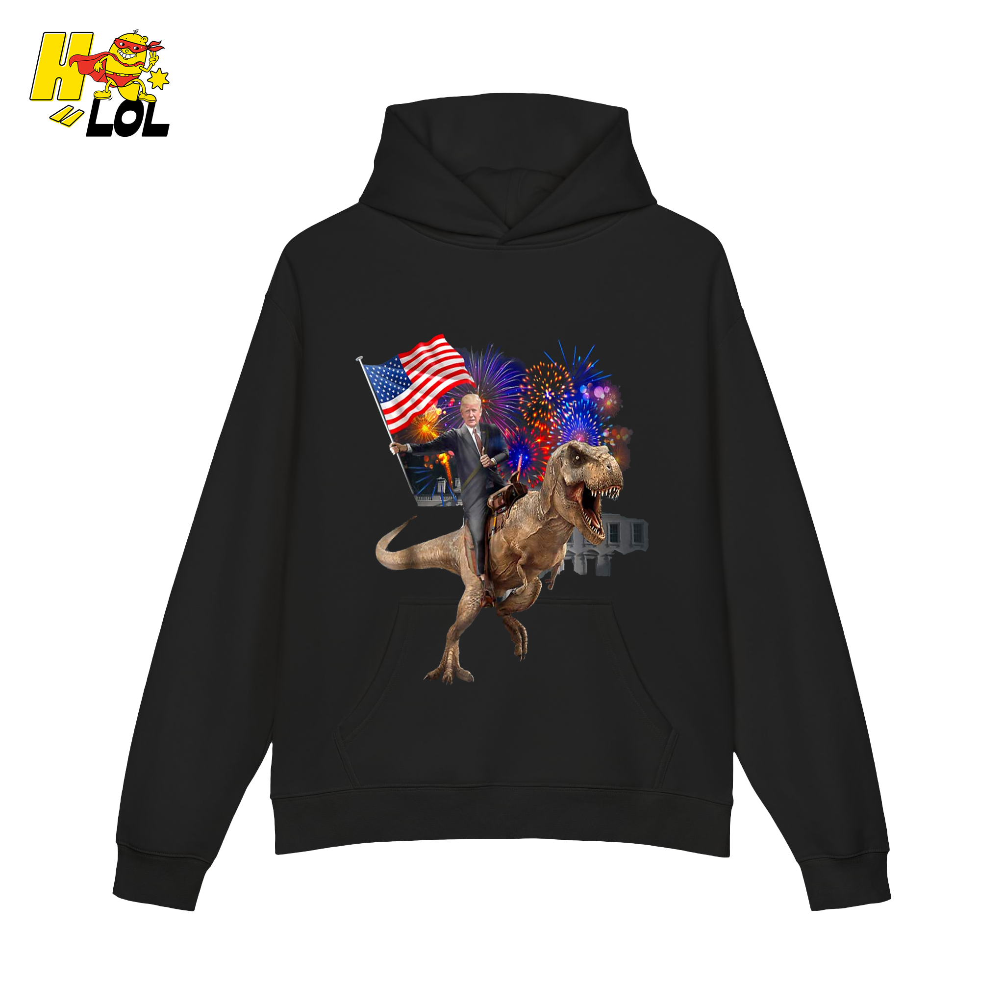 Trump Riding T-Rex American Flag Epic Patriotic Funny Gift Shirt - HQLOL