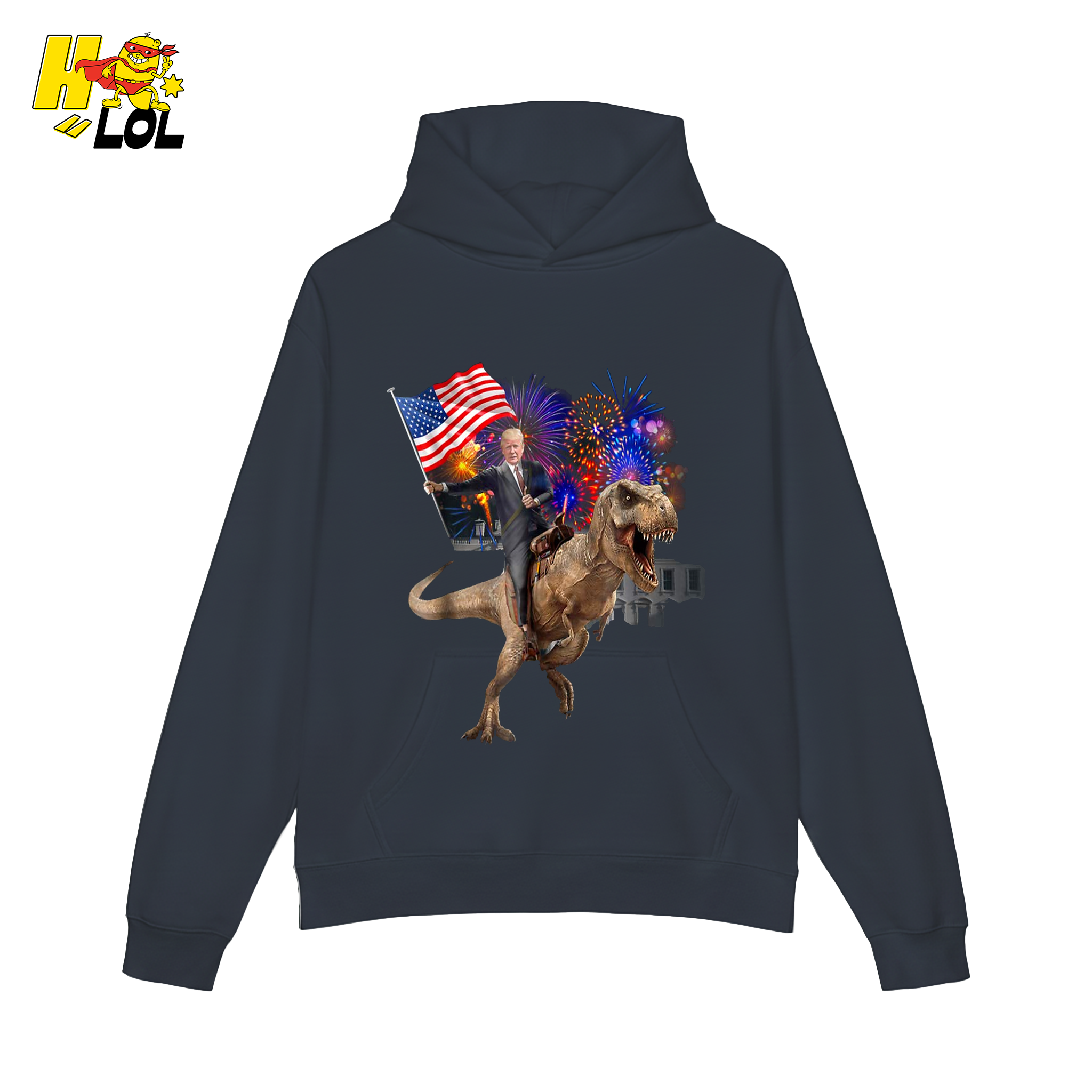 Trump Riding T-Rex American Flag Epic Patriotic Funny Gift Shirt - HQLOL