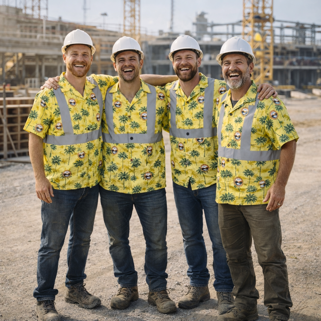 Four men in yellow floral shirts and hard hats standing on a construction site