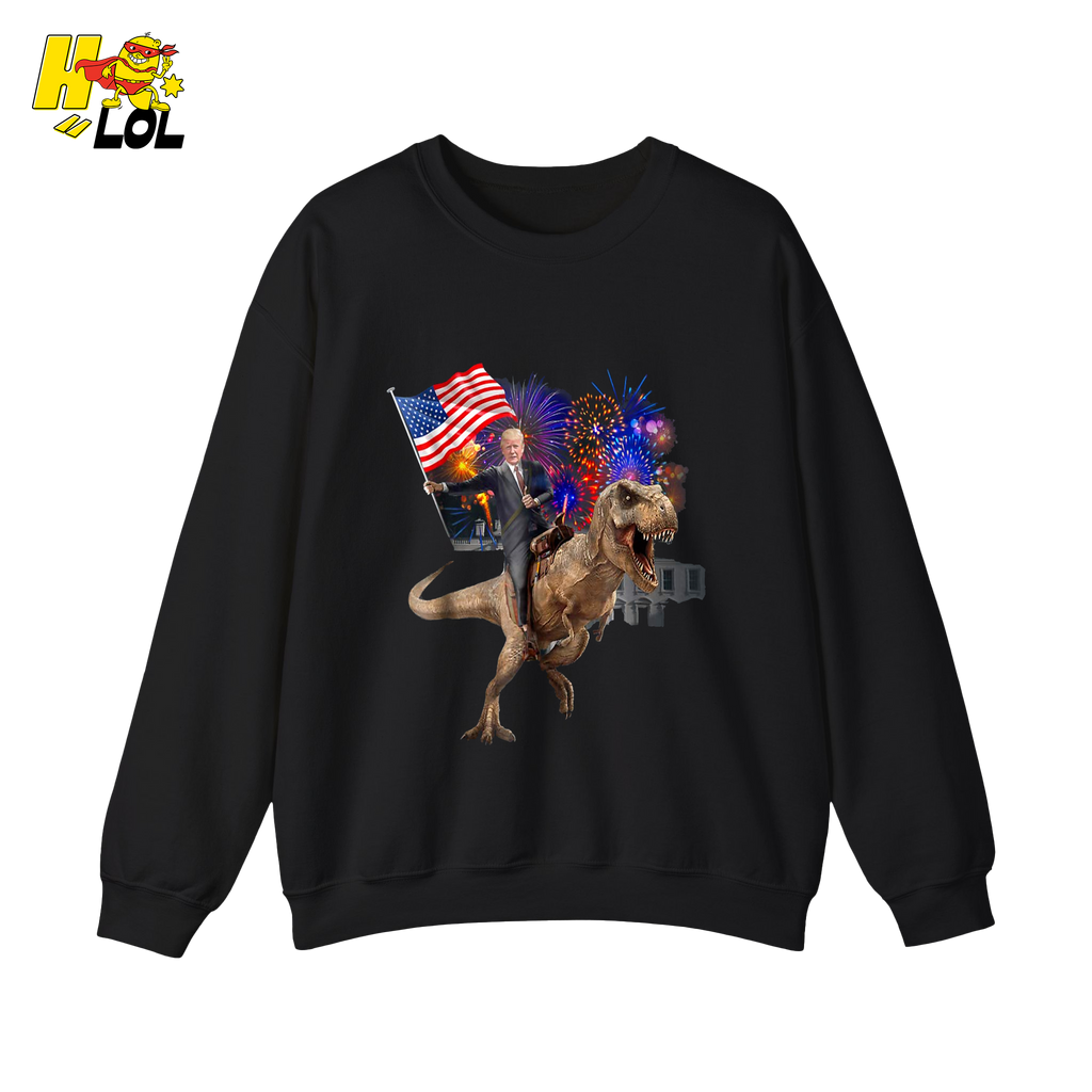 Trump Riding T-Rex American Flag Epic Patriotic Funny Gift Shirt - HQLOL