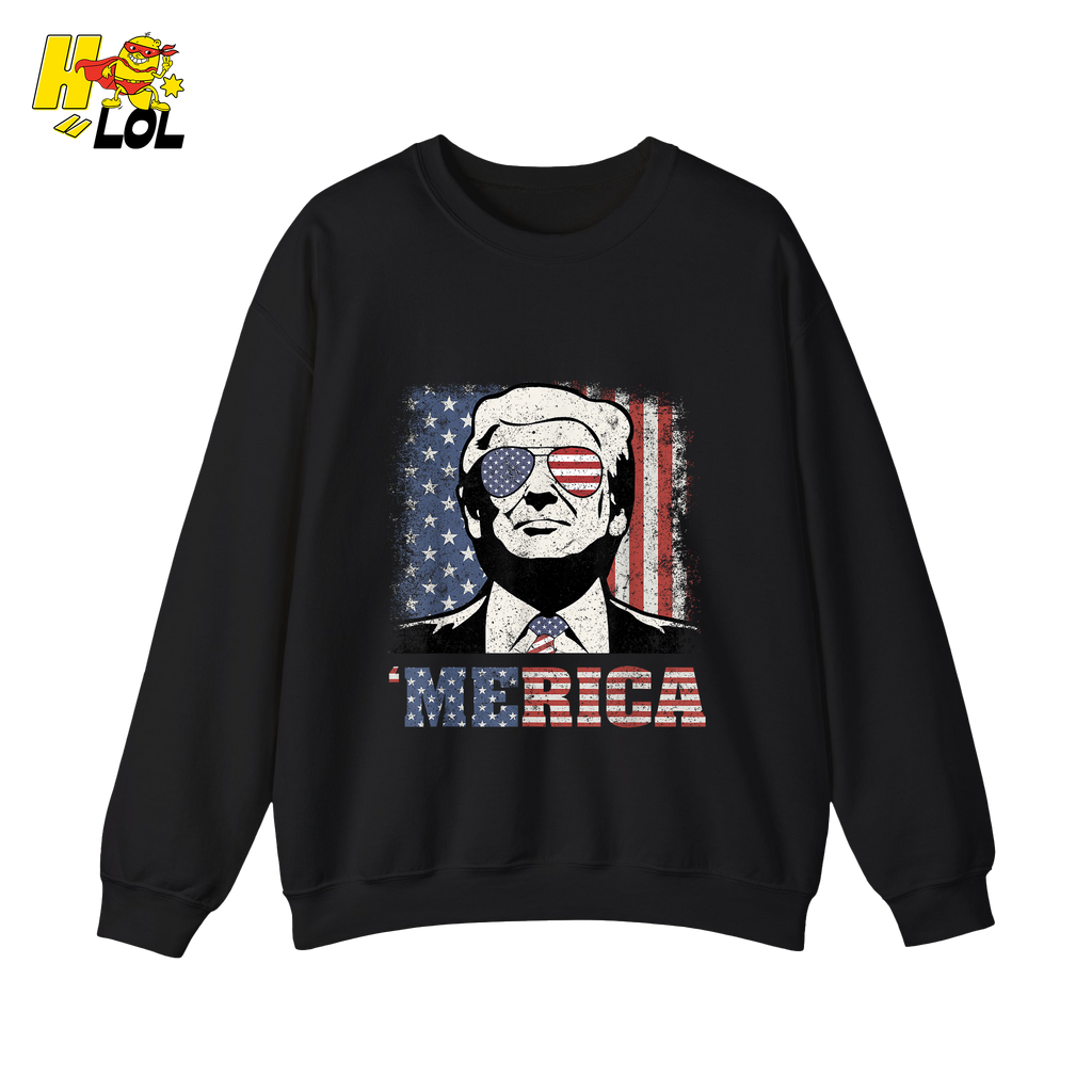 Merica Shirt Patriotic USA Flag Sunglasses Graphic Sweatshirt - HQLOL