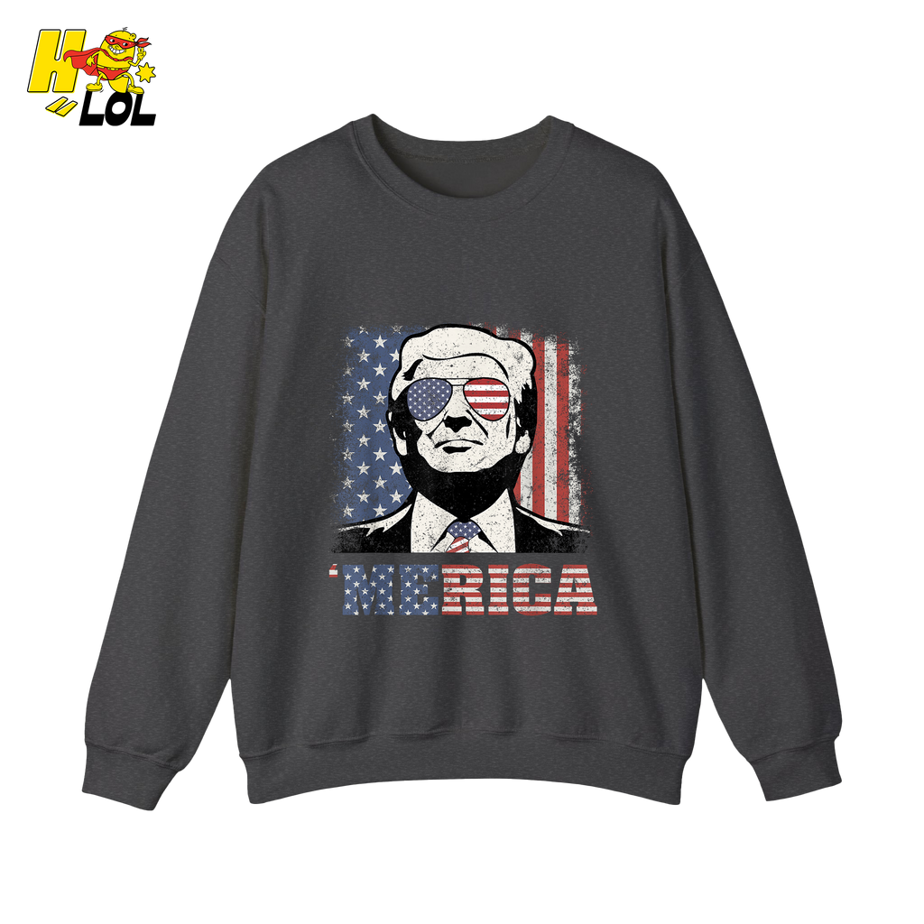 Merica Shirt Patriotic USA Flag Sunglasses Graphic Sweatshirt - HQLOL