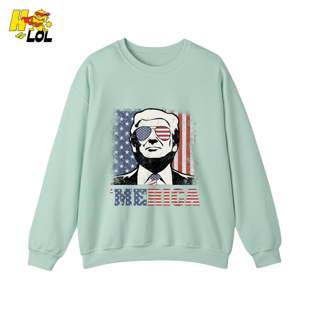 Merica Shirt Patriotic USA Flag Sunglasses Graphic Sweatshirt - HQLOL