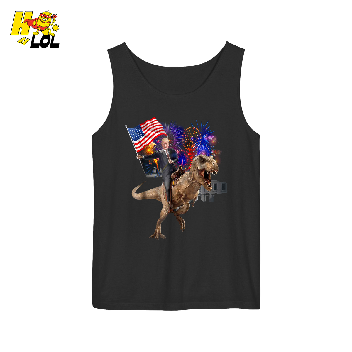 Trump Riding T-Rex American Flag Epic Patriotic Funny Gift Shirt - HQLOL