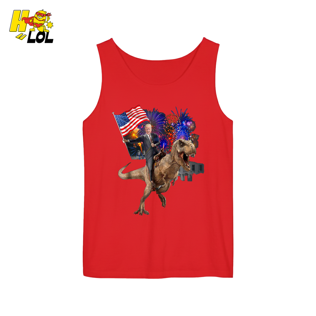Trump Riding T-Rex American Flag Epic Patriotic Funny Gift Shirt - HQLOL