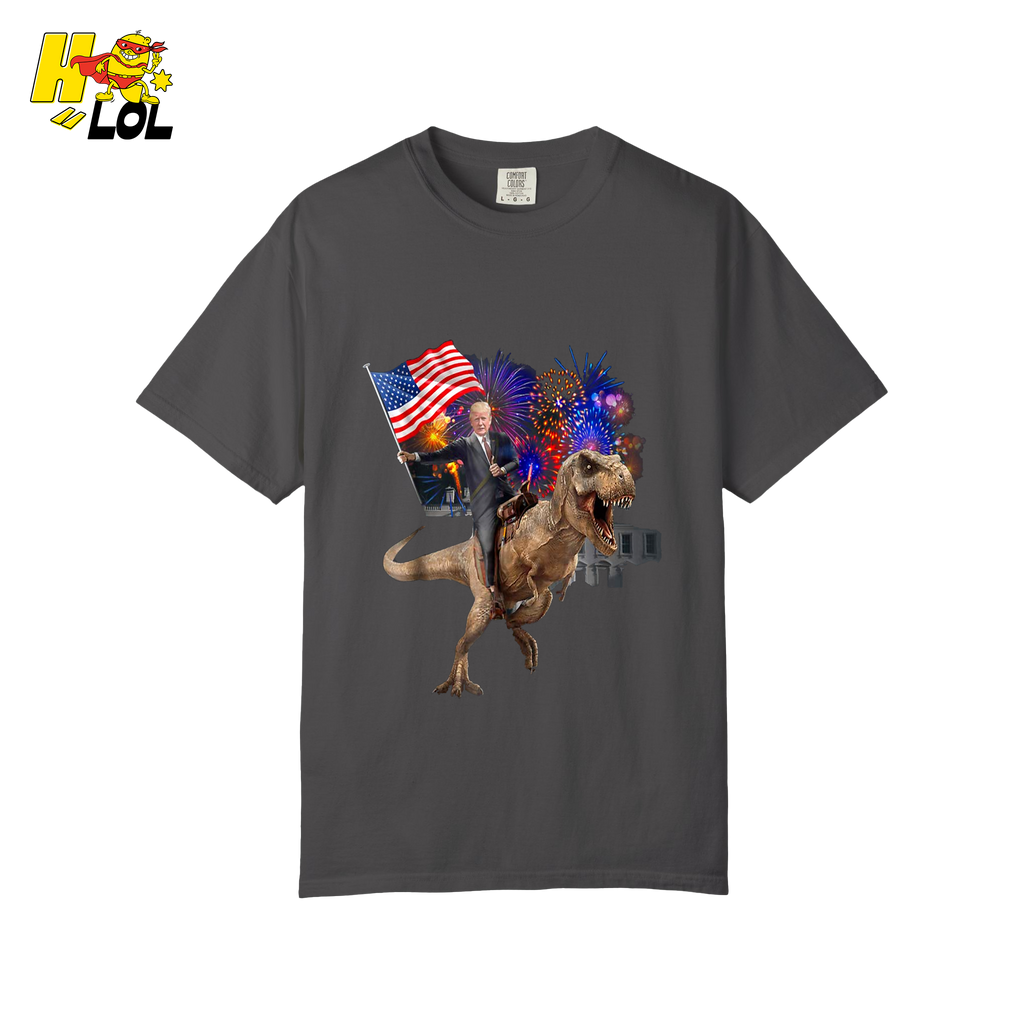 Trump Riding T-Rex American Flag Epic Patriotic Funny Gift Shirt - HQLOL