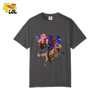 Trump Riding T-Rex American Flag Epic Patriotic Funny Gift Shirt - HQLOL