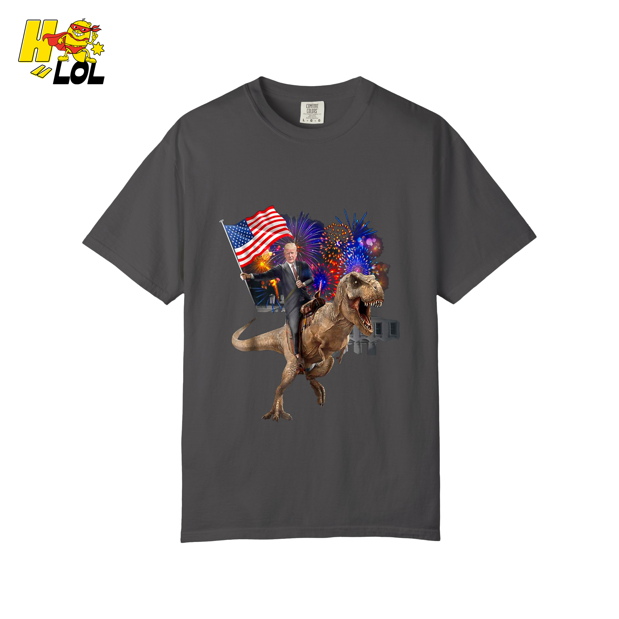 Trump Riding T-Rex American Flag Epic Patriotic Funny Gift Shirt - HQLOL