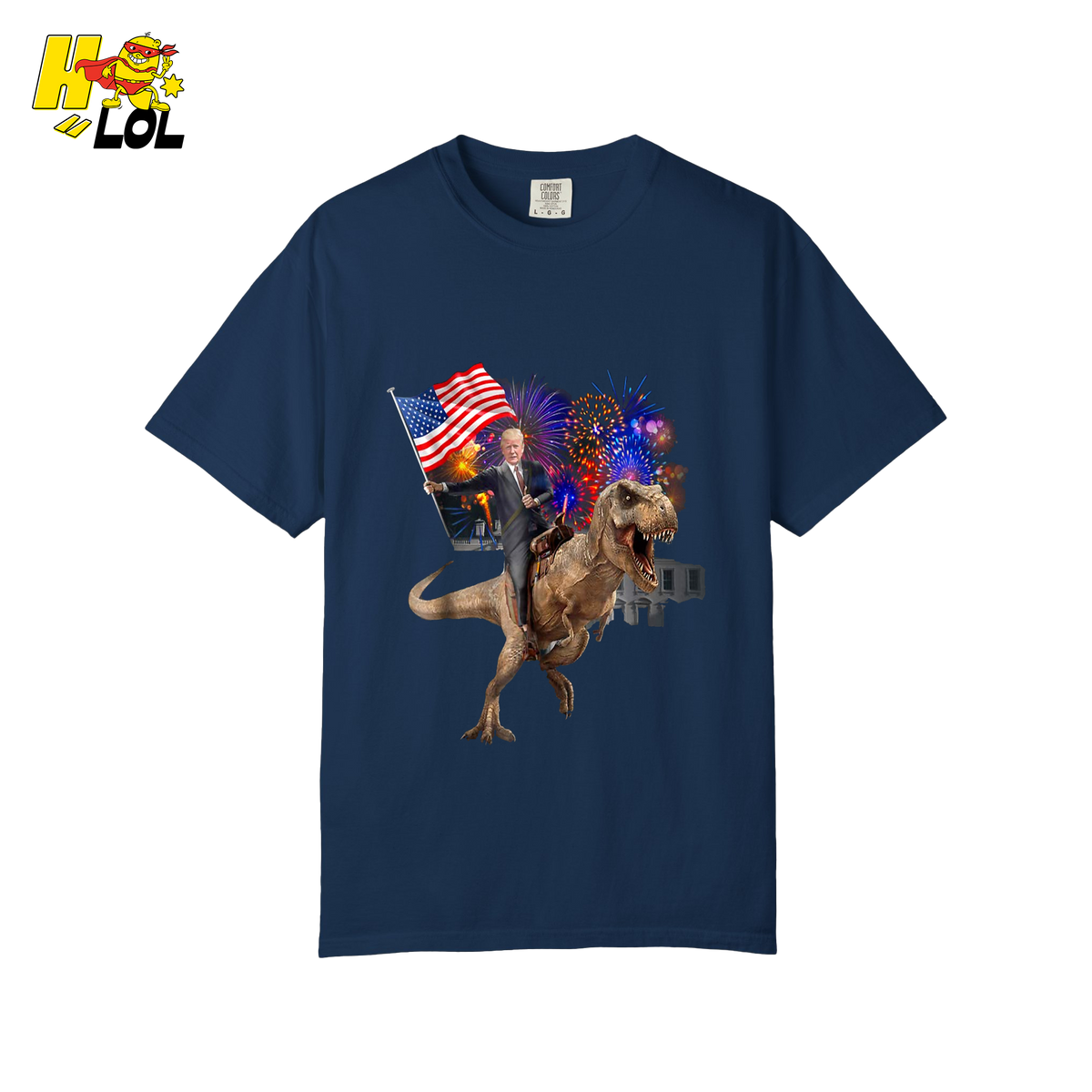 Trump Riding T-Rex American Flag Epic Patriotic Funny Gift Shirt - HQLOL