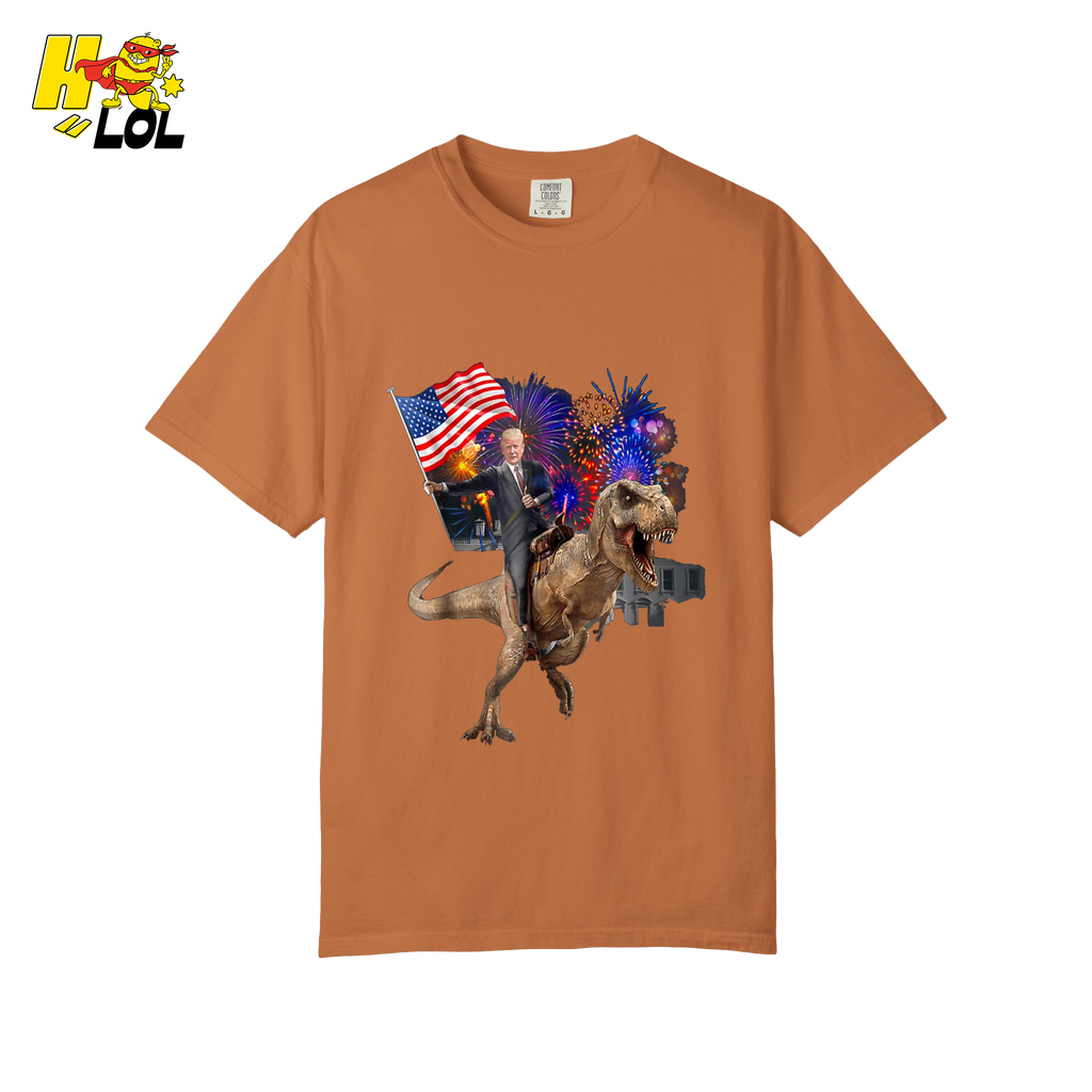 Trump Riding T-Rex American Flag Epic Patriotic Funny Gift Shirt - HQLOL