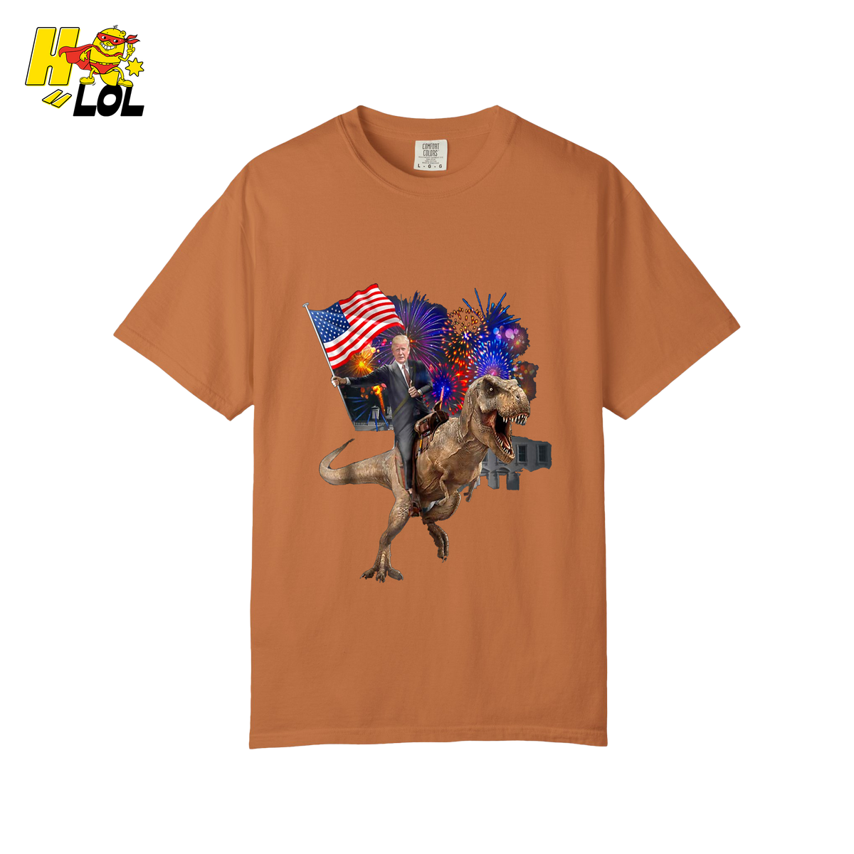 Trump Riding T-Rex American Flag Epic Patriotic Funny Gift Shirt - HQLOL