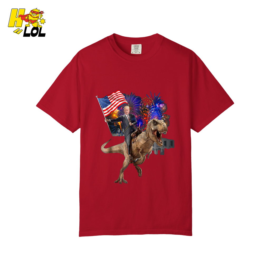 Trump Riding T-Rex American Flag Epic Patriotic Funny Gift Shirt - HQLOL